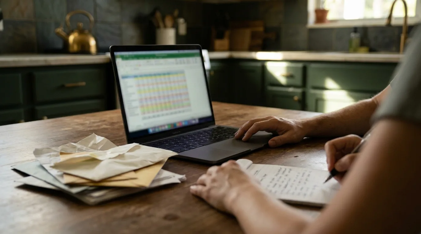 A middle-aged couple at a kitchen table with a laptop open to a spreadsheet, a stack of bills and a pad of paper with a hand-written list of cuts