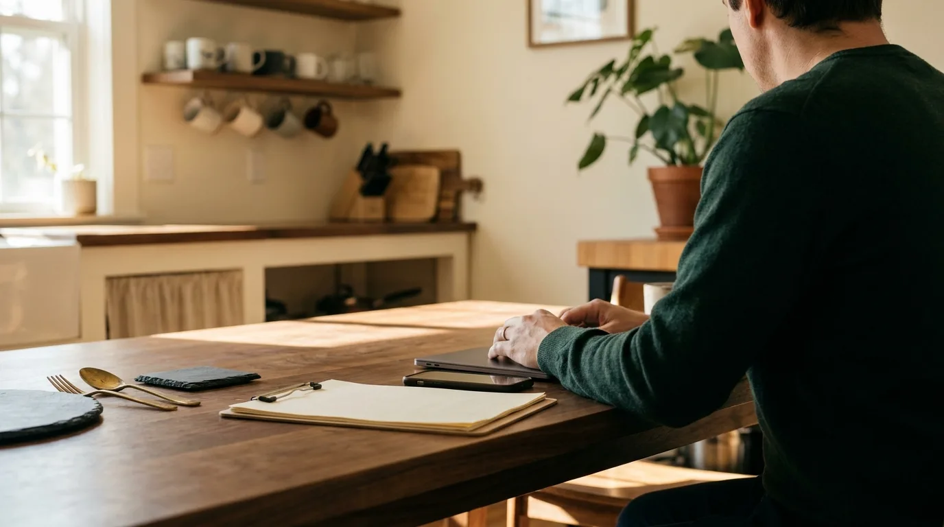 Owner at a kitchen table with a laptop, phone, and a printed checklist of questions for the accountant