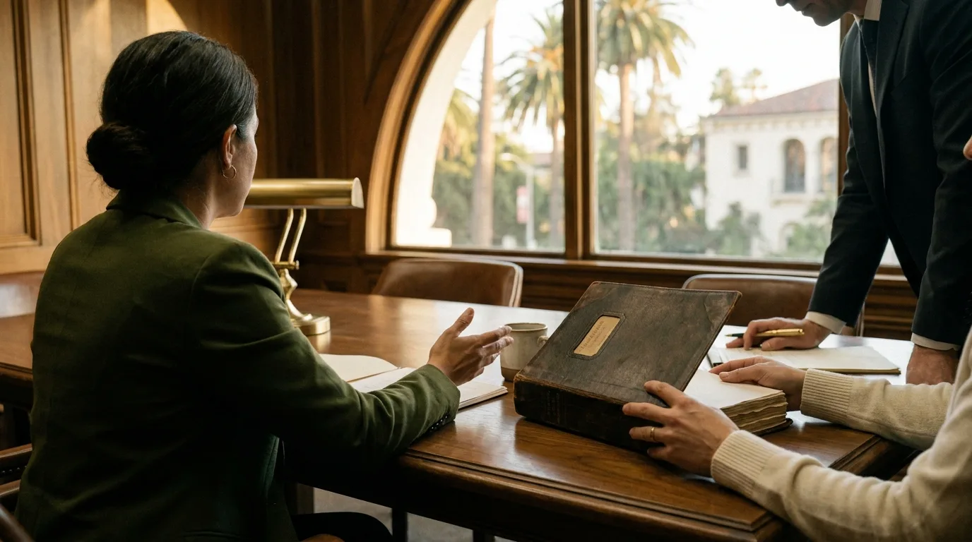 A business owner at a conference table with a lawyer and a financial advisor, reviewing a binder marked 'Reorganization Plan,' late afternoon light through a window