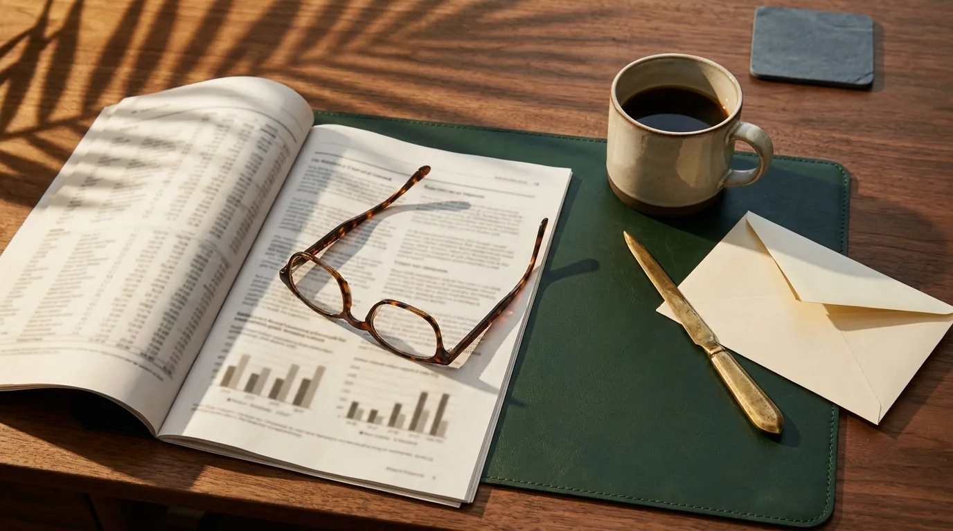 Reading glasses resting on an open printed report on a walnut desk
