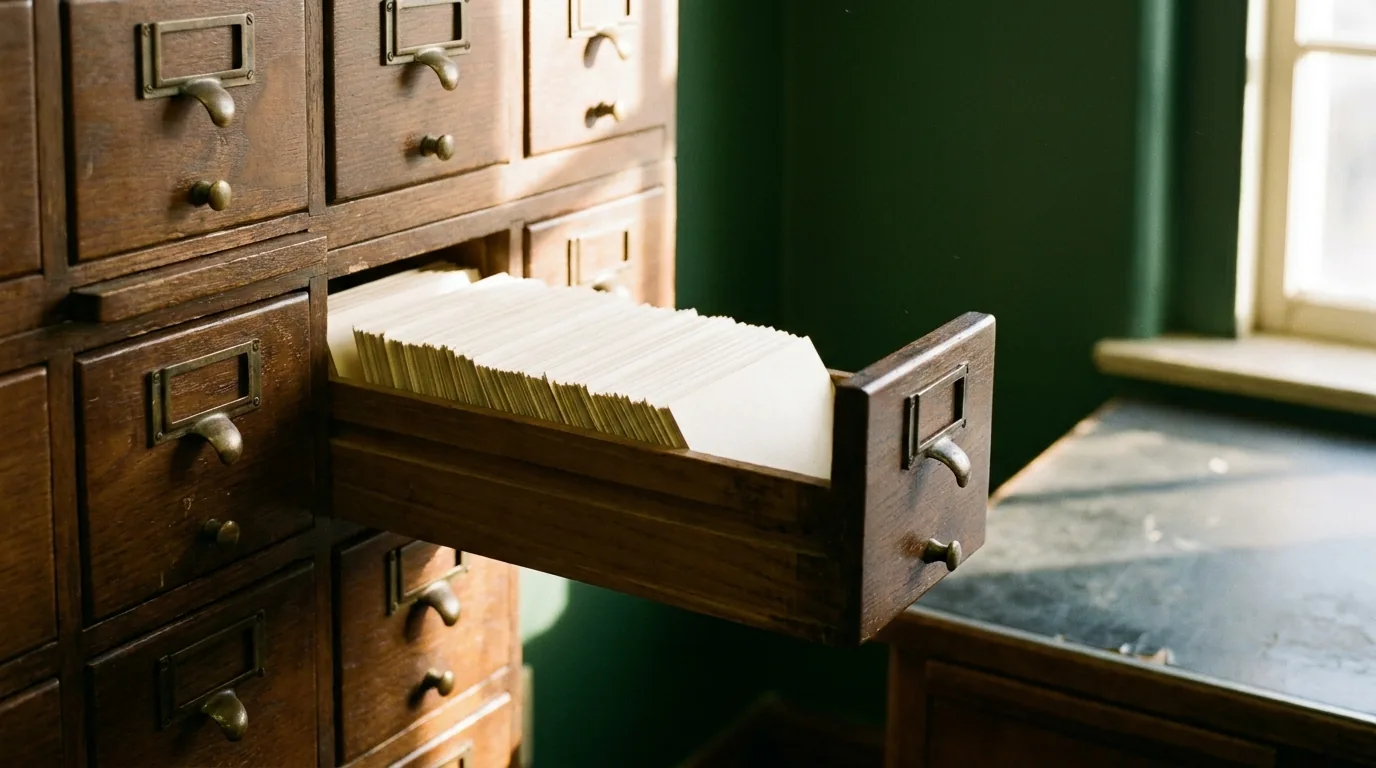 An open card-catalog drawer full of blank index cards