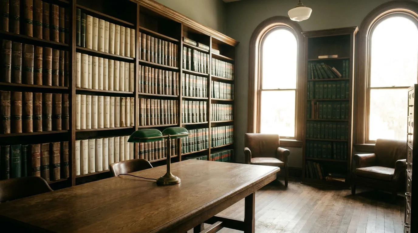 A quiet county records room with tall shelves of bound volumes