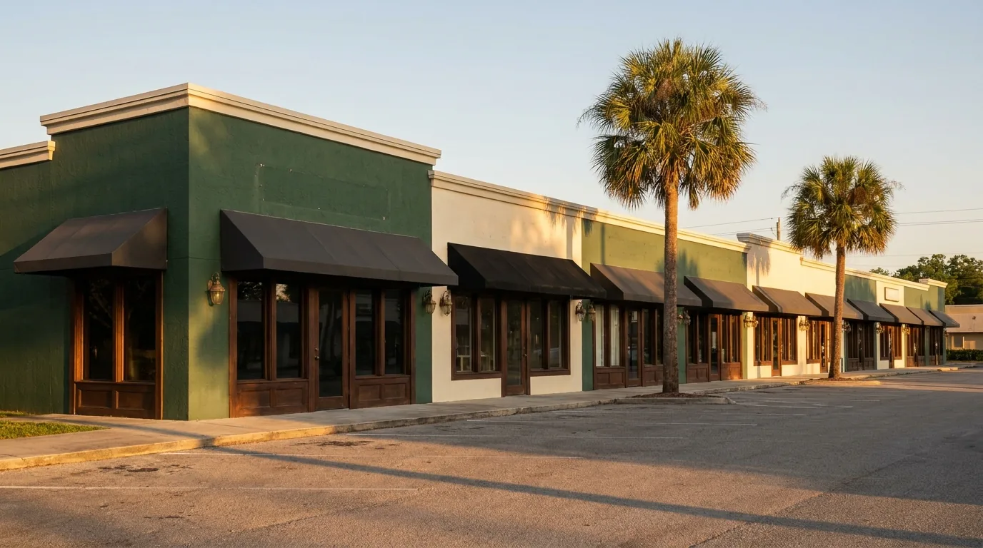 A strip of small Florida shops at sunrise with palm trees