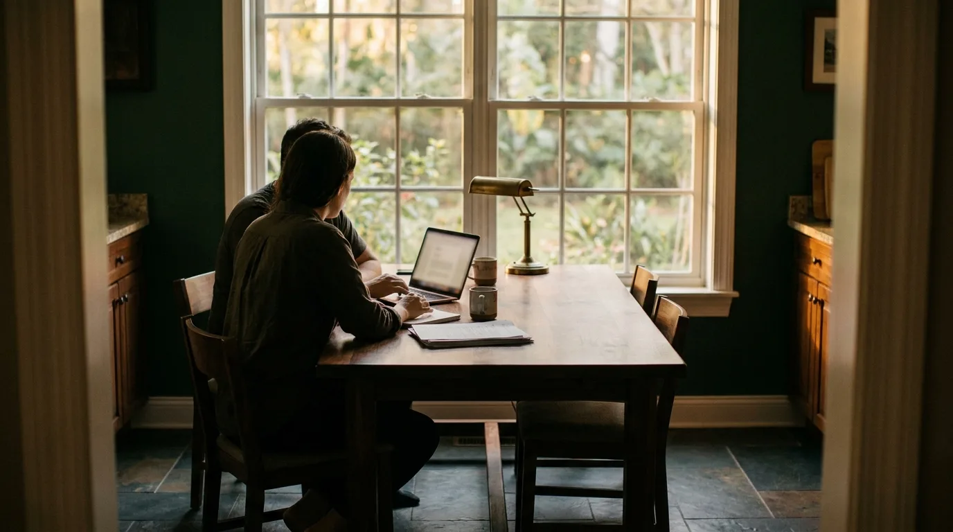Couple sitting at a kitchen table with a laptop, paperwork, and two coffee mugs between them, warm evening light through the window