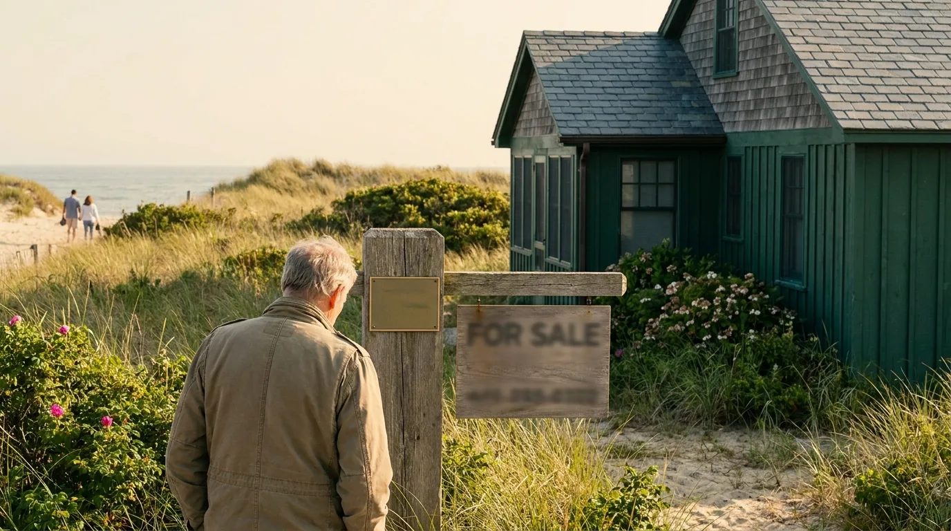 For Sale sign in the yard of a well-kept beach cottage with sand dunes behind it