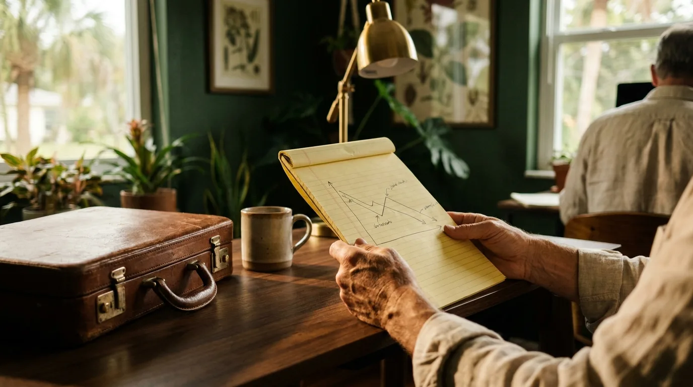 A hand-drawn graph on a yellow legal pad showing two descending lines crossing — equipment value and loan balance — with arrows and handwritten notes