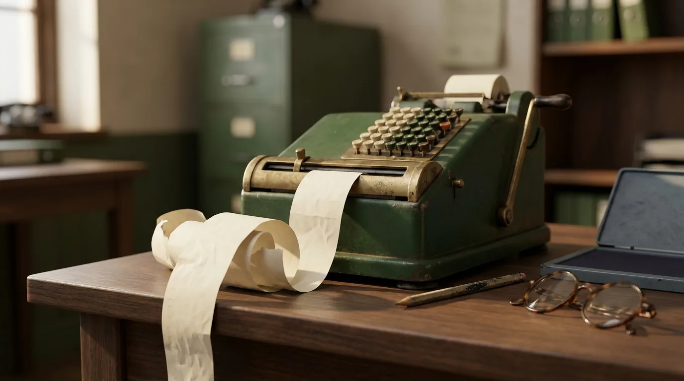 A vintage adding machine with a long curl of paper tape