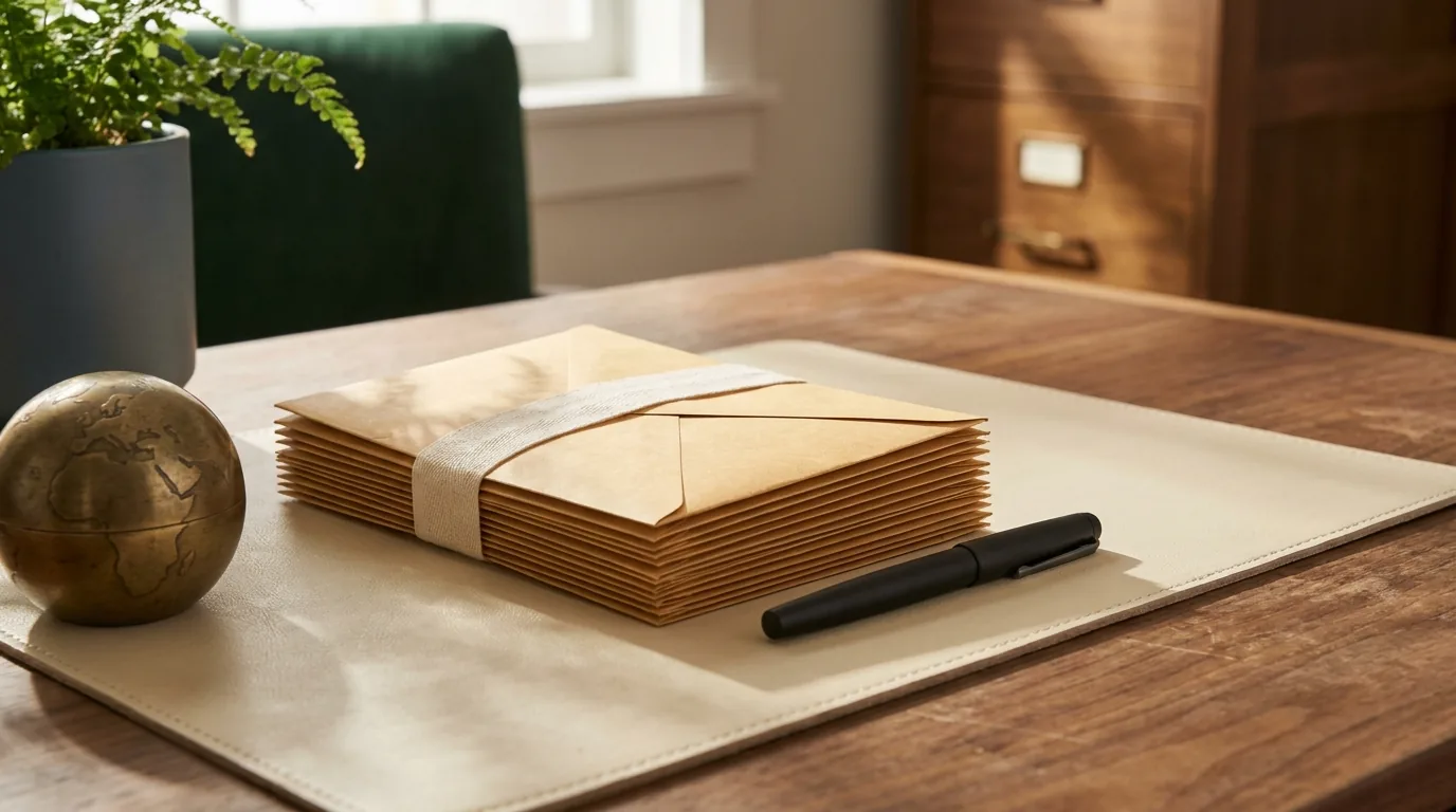 A banded stack of manila envelopes beside a fountain pen