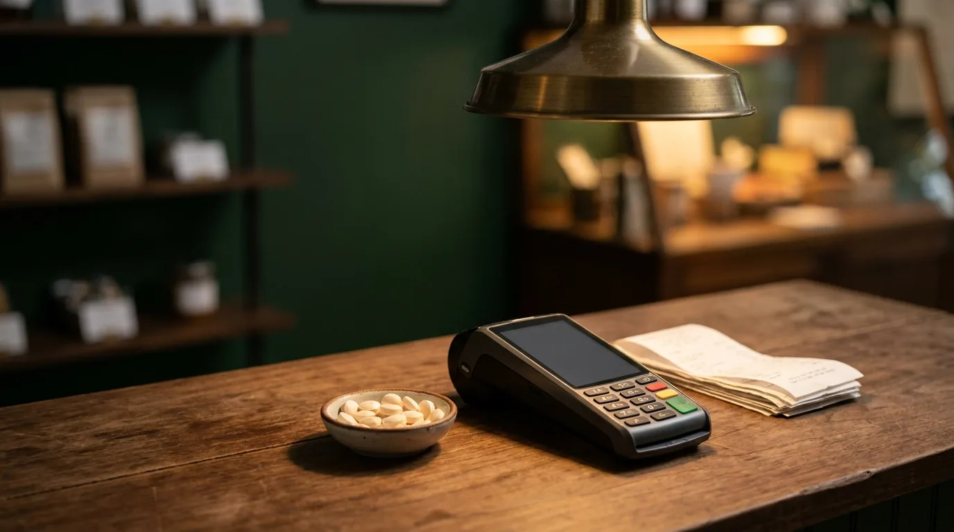 A card terminal and receipts on a shop counter at closing time
