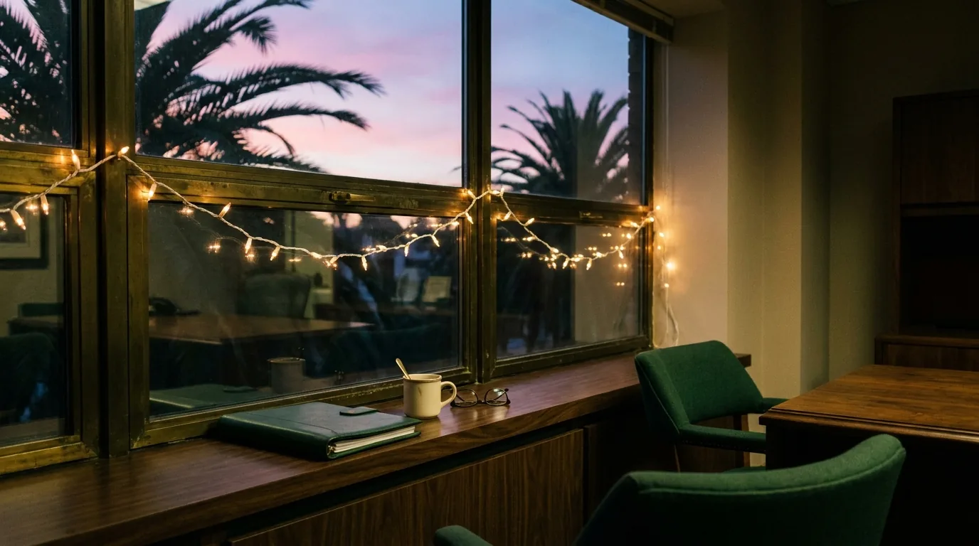 An office window at dusk with palm silhouettes and a string of warm lights