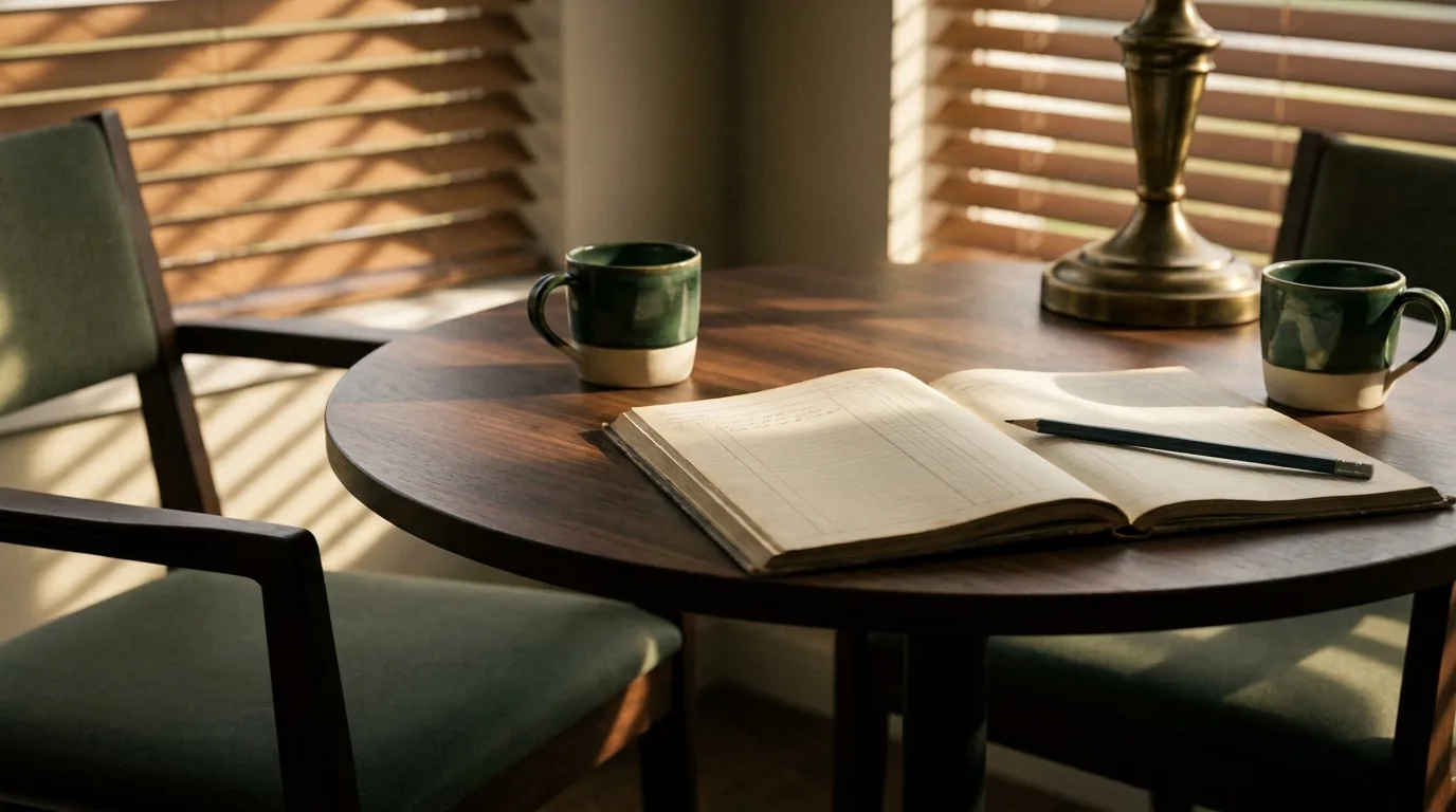 Two coffee cups beside an open ledger on a small round table