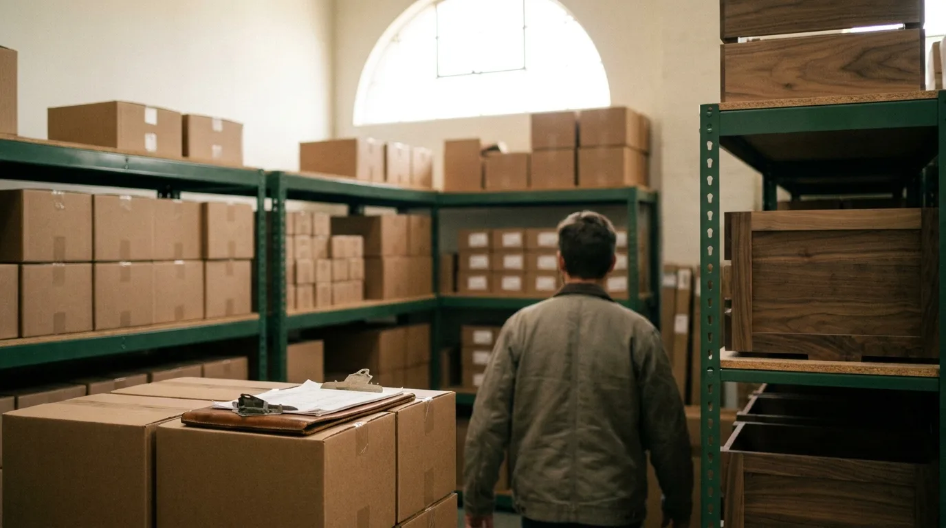 Clean, organized warehouse shelving with freshly received inventory boxes and a clipboard on top