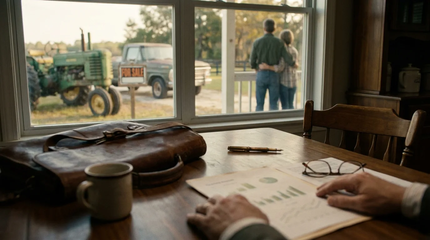 A family home with a for-sale sign, a tractor, a truck, and a retirement statement laid out on a kitchen table in a conceptual collage