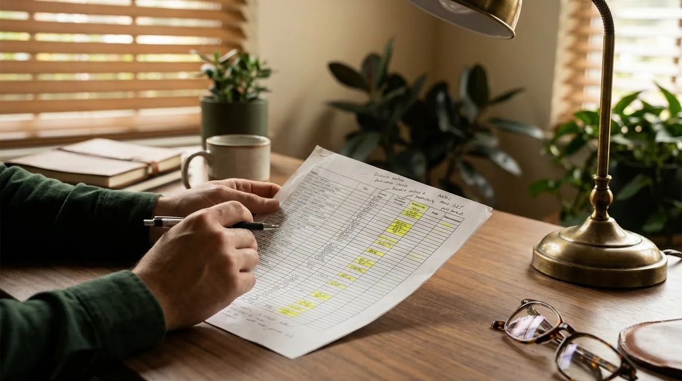 A printed thirteen-week cash flow spreadsheet with handwritten notes and several cells highlighted in yellow