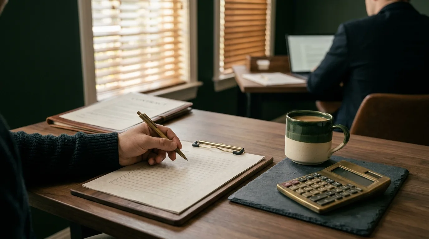 A clipboard with a checklist, coffee cup, and calculator on a desk with a contract in the background