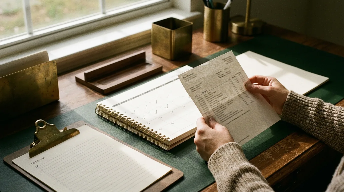 A dedicated sales tax bank account statement next to a filing calendar and a checklist on a small-business owner's desk