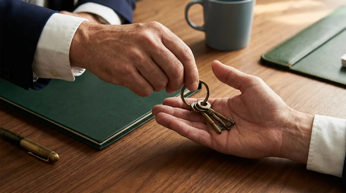 One hand passing a ring of keys into another across a walnut desk