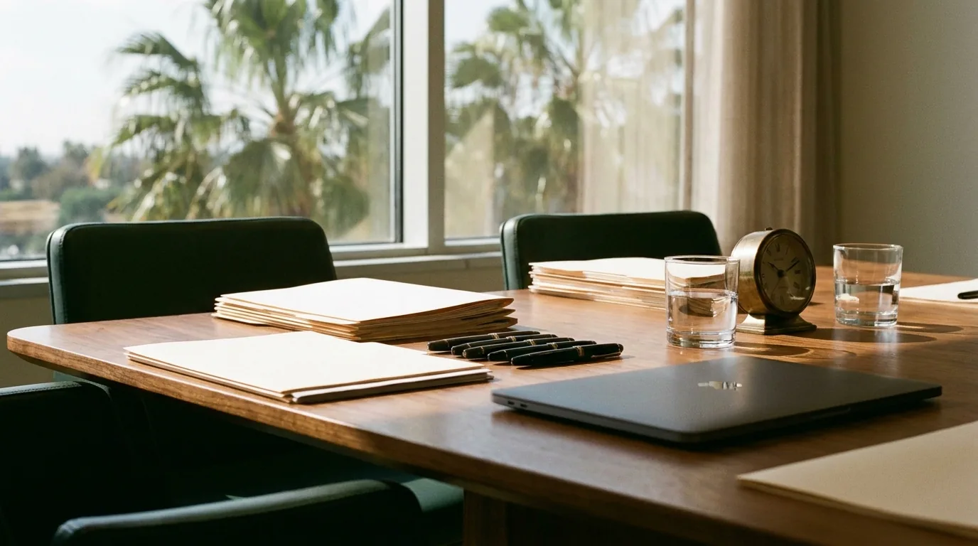 A conference table set for a closing with folders, pens and water glasses