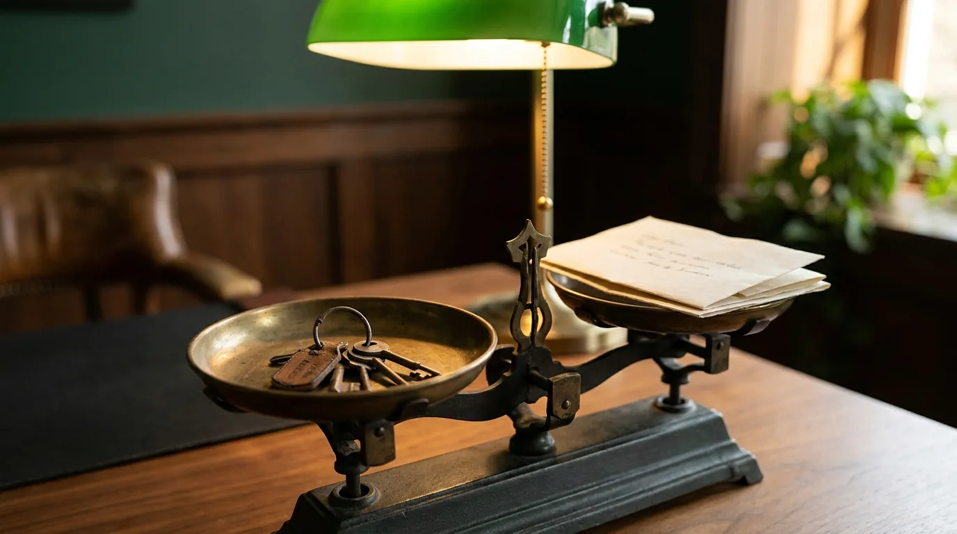 A brass balance scale with keys on one side and papers on the other