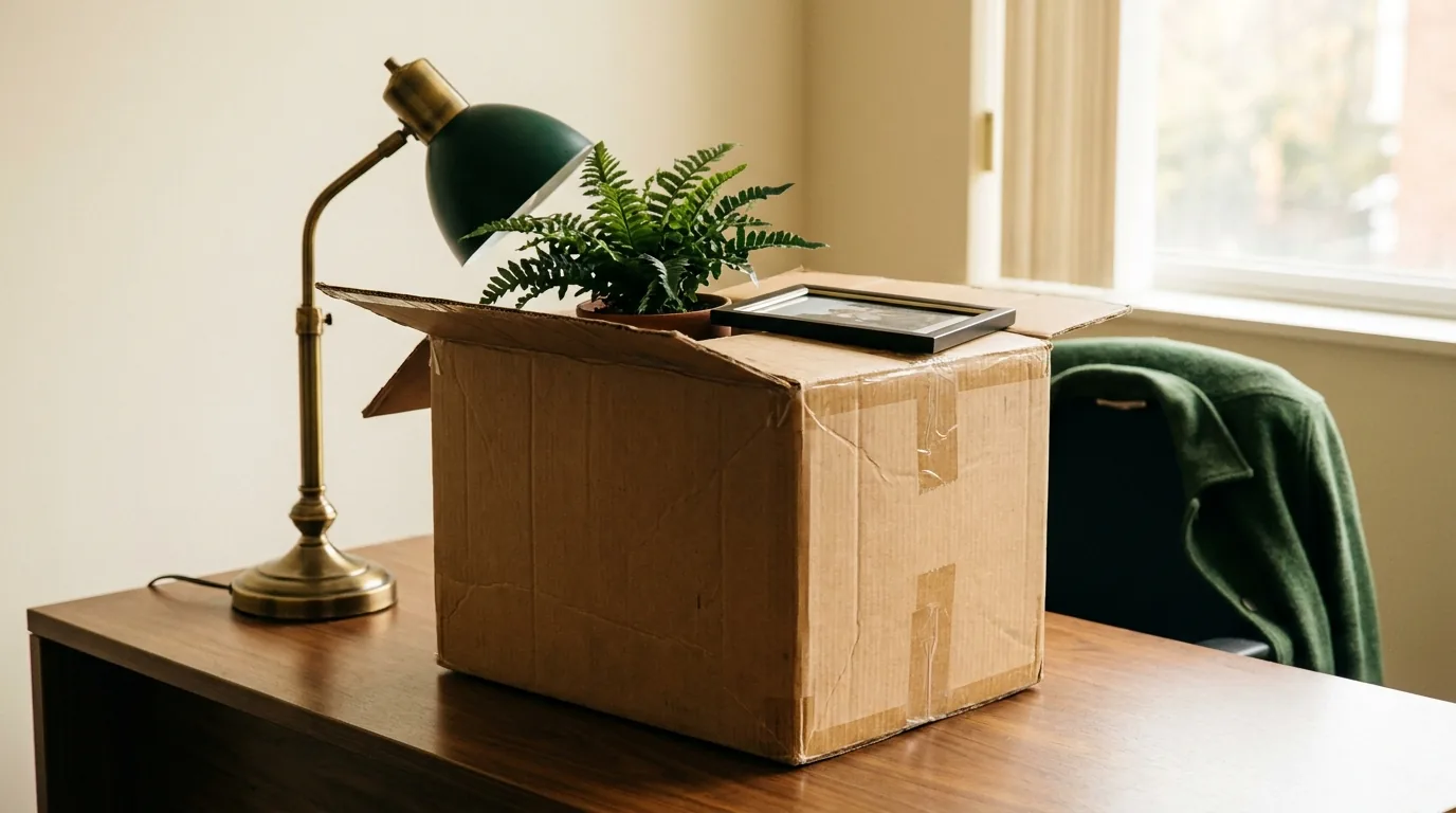 A packed moving box with a desk lamp and a fern on a cleared desk