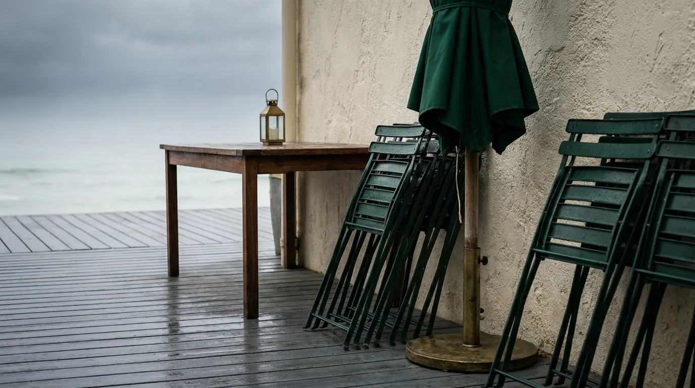 Stacked bistro chairs and a furled umbrella on a beach-cafe patio on a gray morning