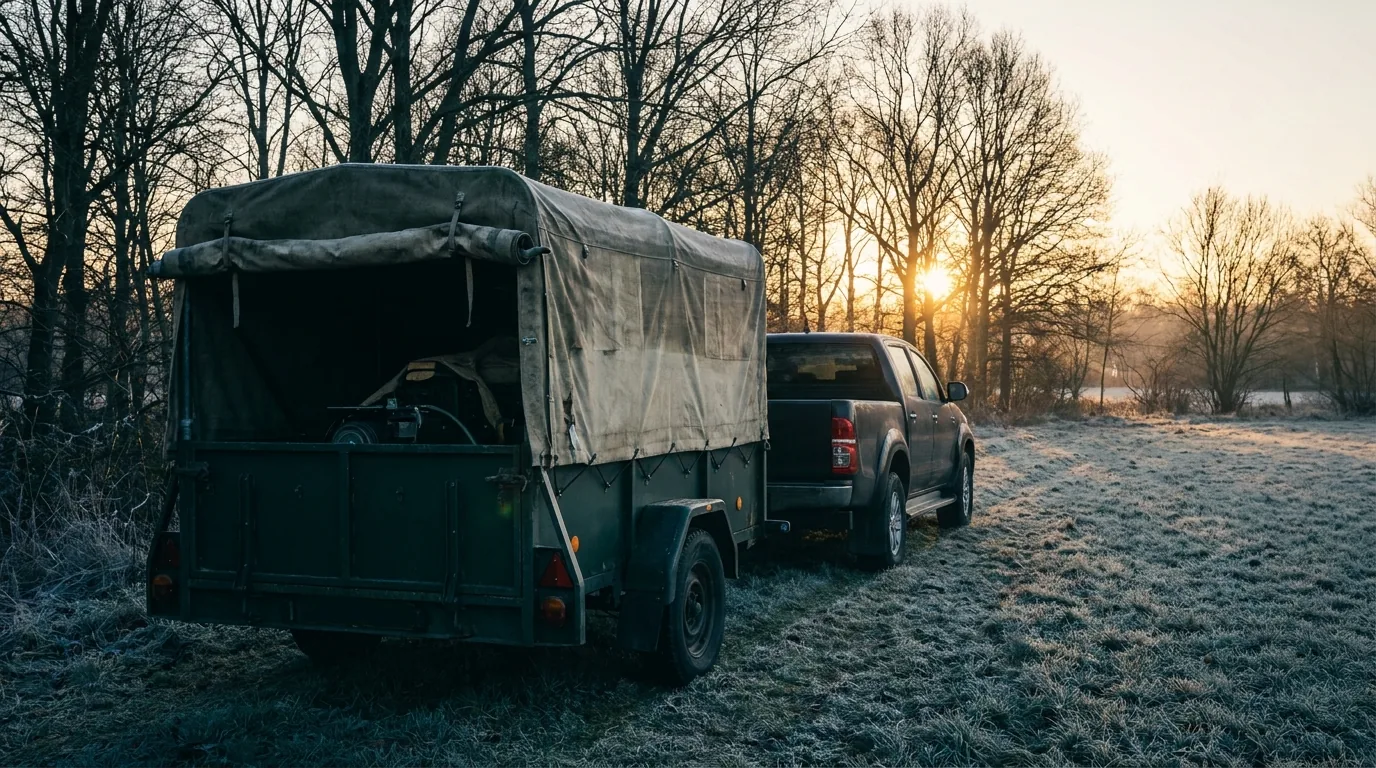 A covered trailer and pickup at the edge of a frosted field at sunrise