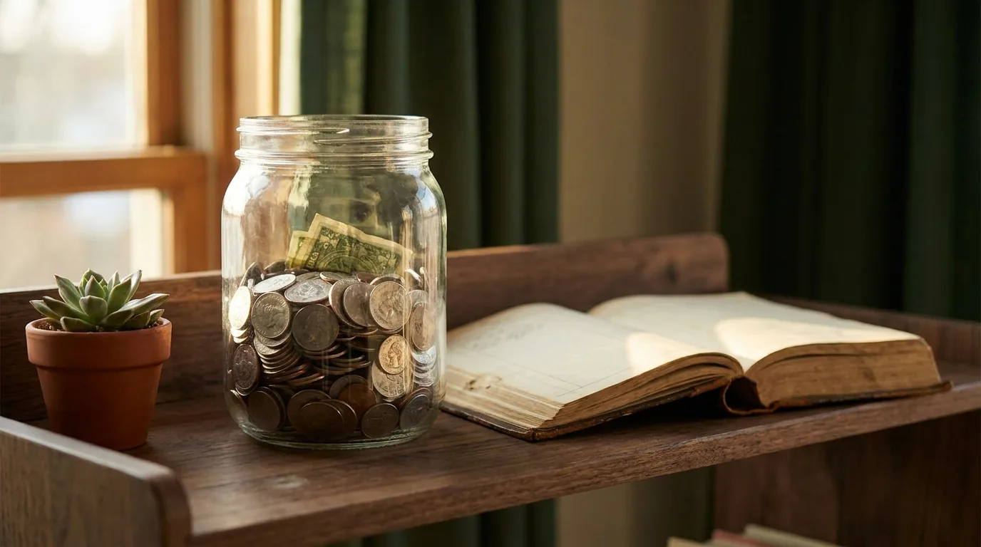 A glass jar of coins and folded bills on a wooden shelf