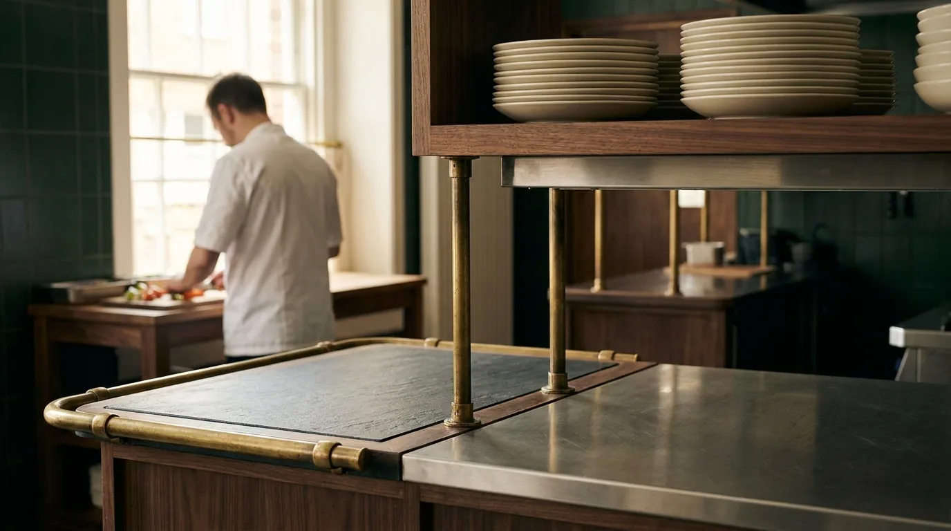 A quiet restaurant kitchen pass with one cook prepping in the afternoon