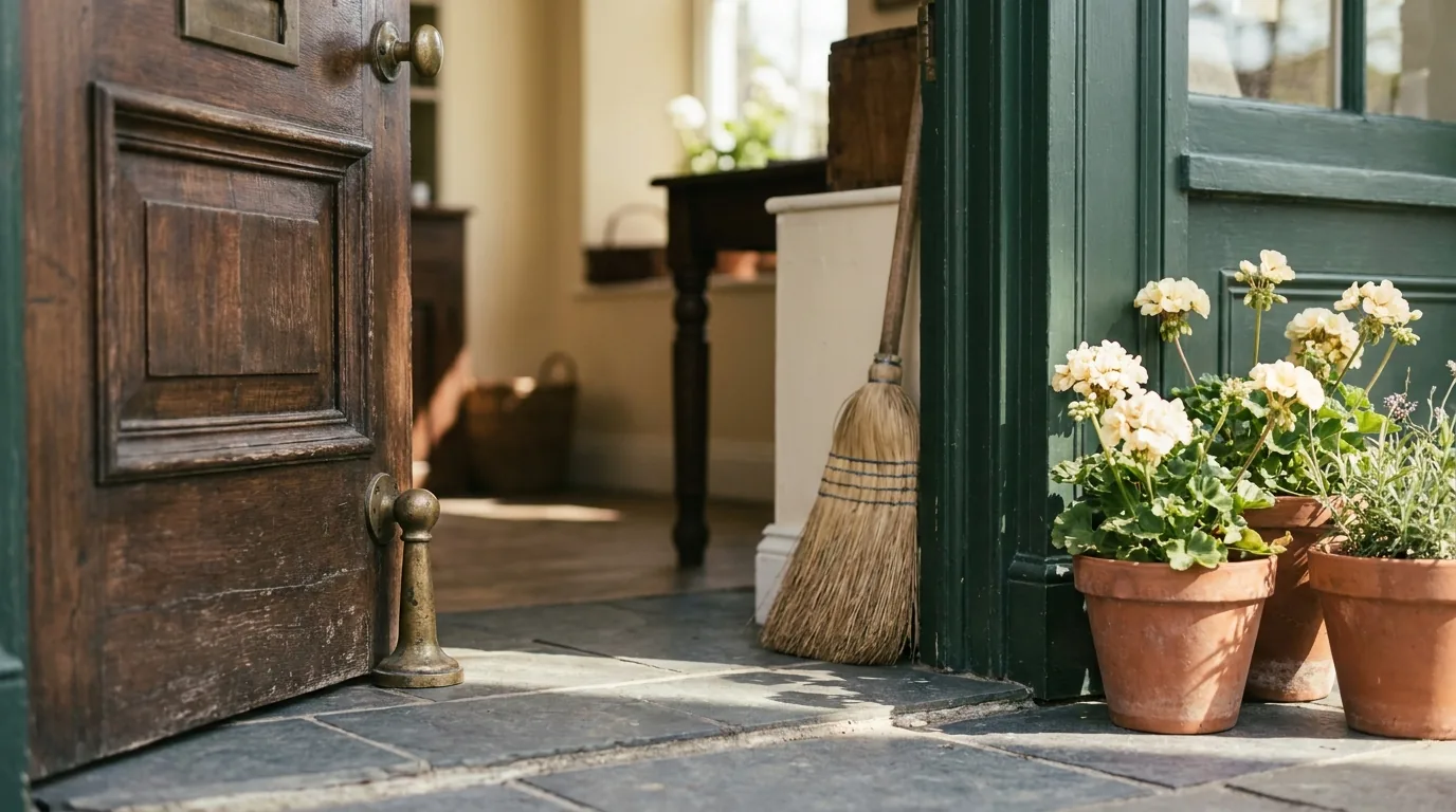 A shop door propped open on a spring morning with pots of flowers