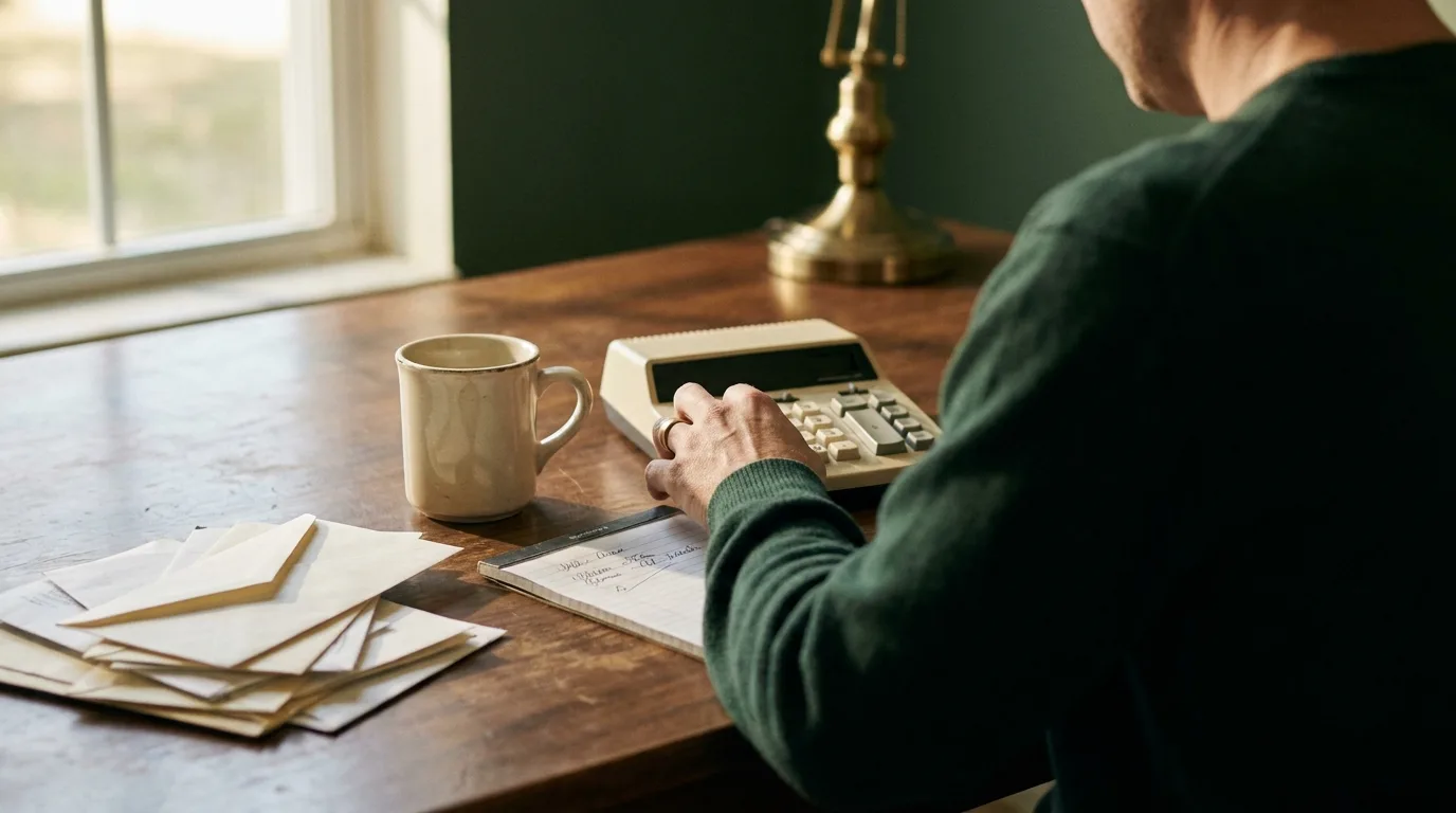 Business owner at kitchen table with a calculator, a pad of paper, a cup of coffee, and a stack of statements beside him