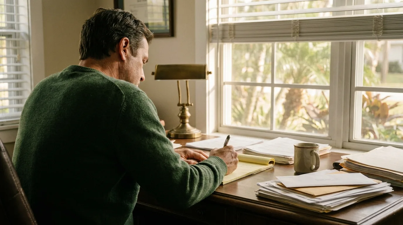 Small business owner at desk writing a list on a yellow legal pad with bills and statements fanned out beside him