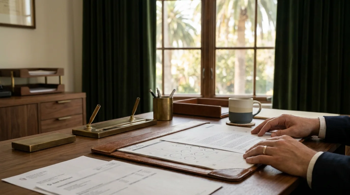 A calendar with quarterly filing dates circled alongside a dedicated payroll tax bank account statement and a CPA engagement letter