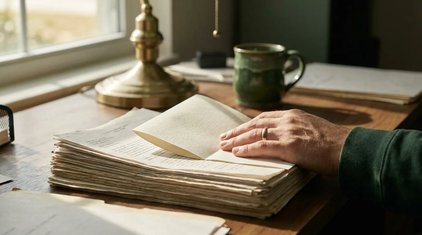 Payroll register printout beside a folded IRS letter, with a small business owner's hand resting on the letter