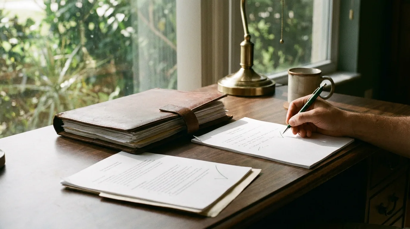 A finished cleanup memo next to a tidy folder of reconciled statements, with a green pen marking 'DONE' on a cover sheet