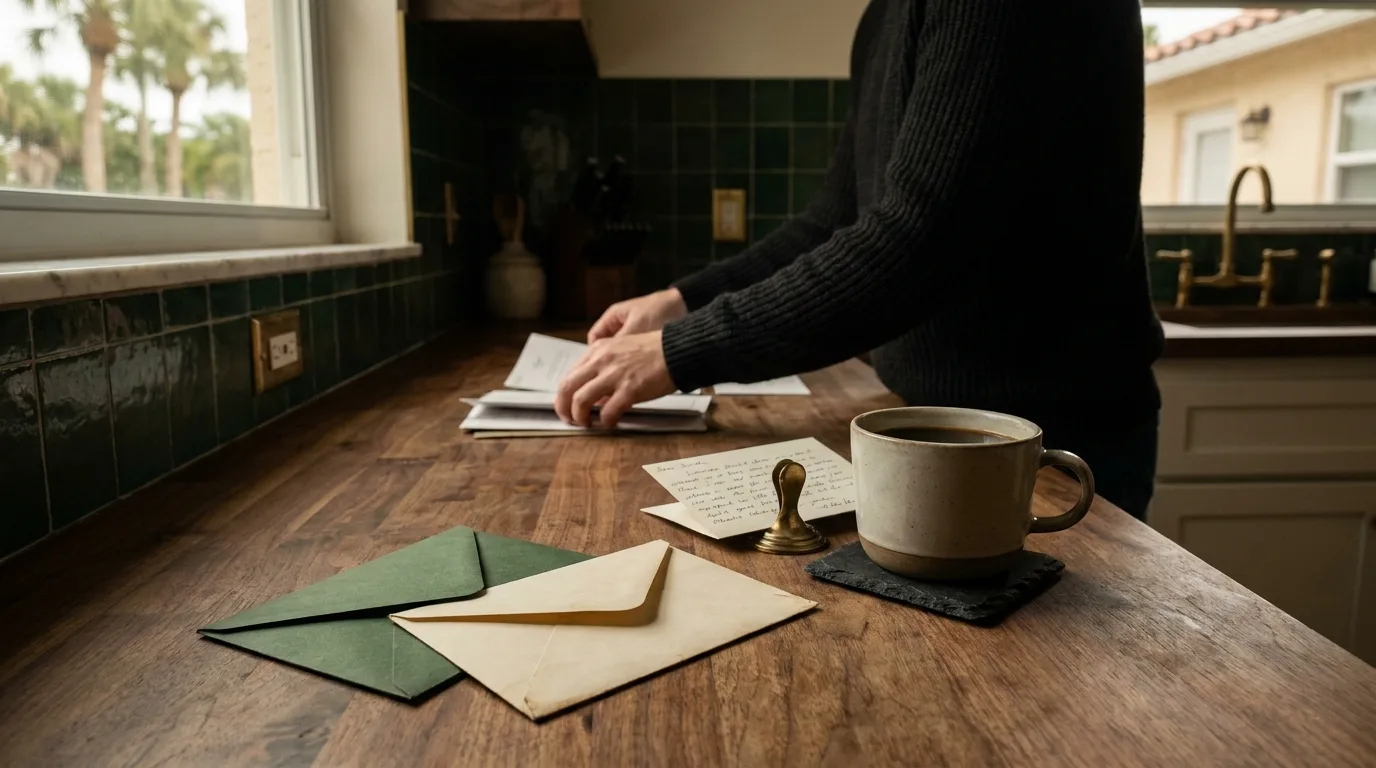 Two separate envelopes labeled 'Business' and 'Personal' on a kitchen counter beside a cup of coffee and a simple written rule