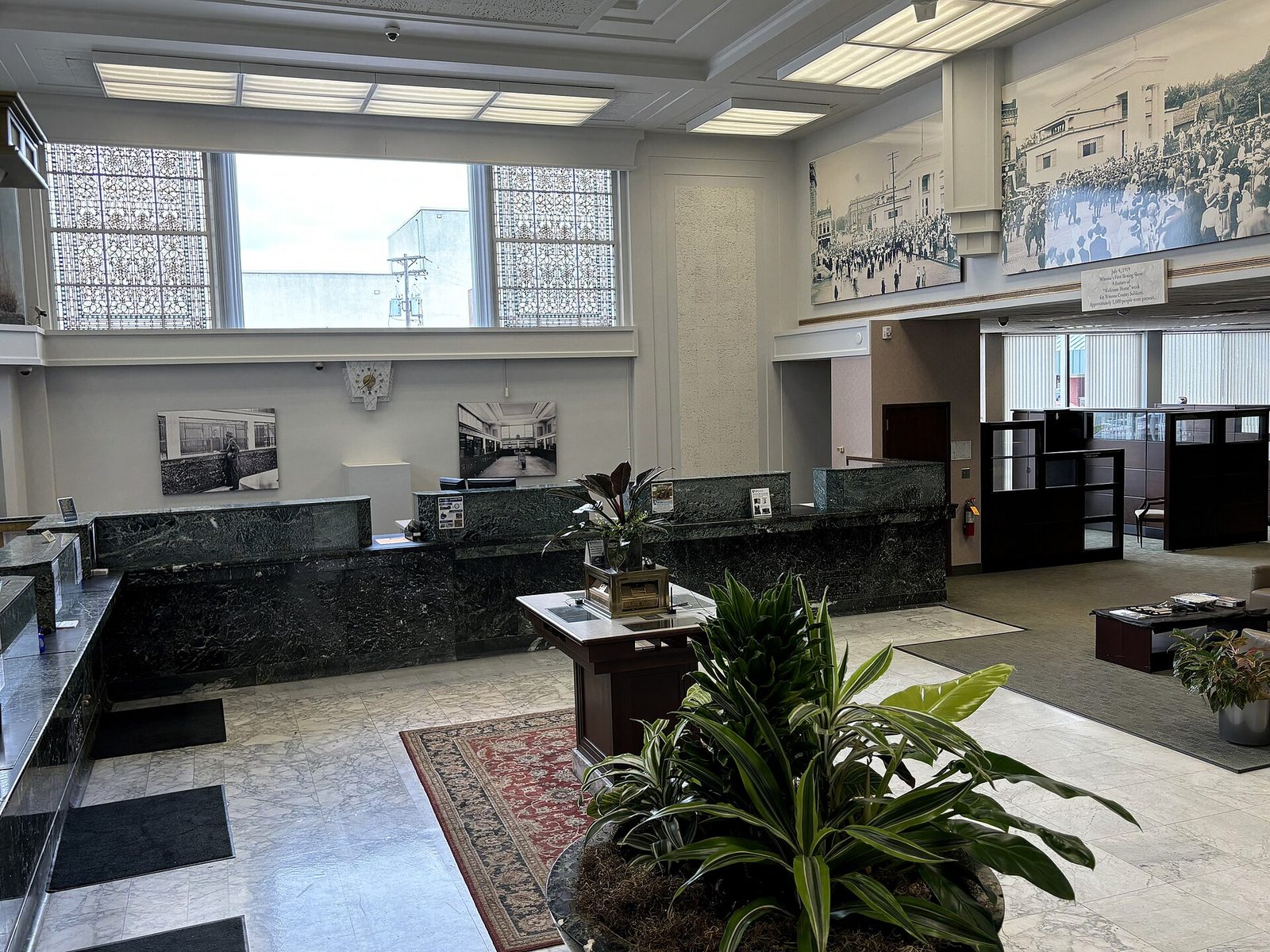 The teller counter and lobby of a restored bank building in Winona, Minnesota