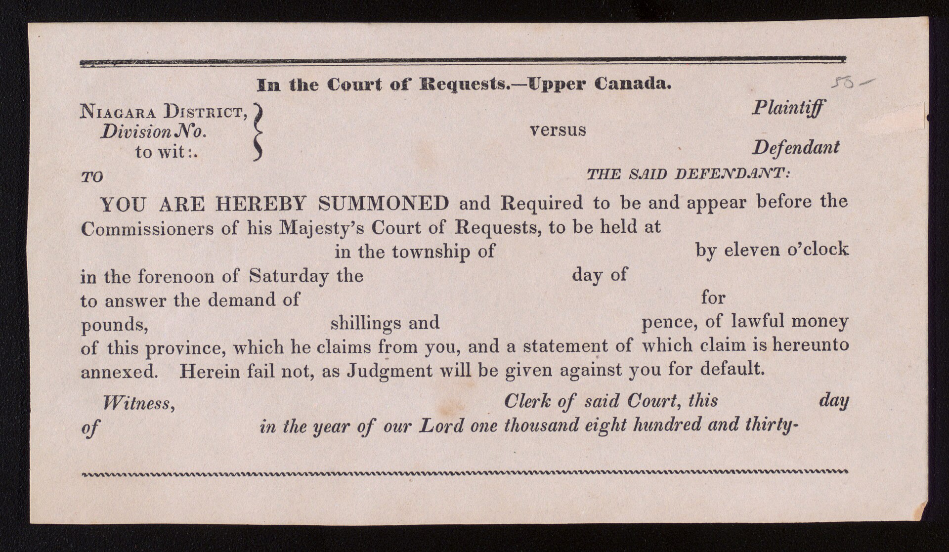 A printed court summons form