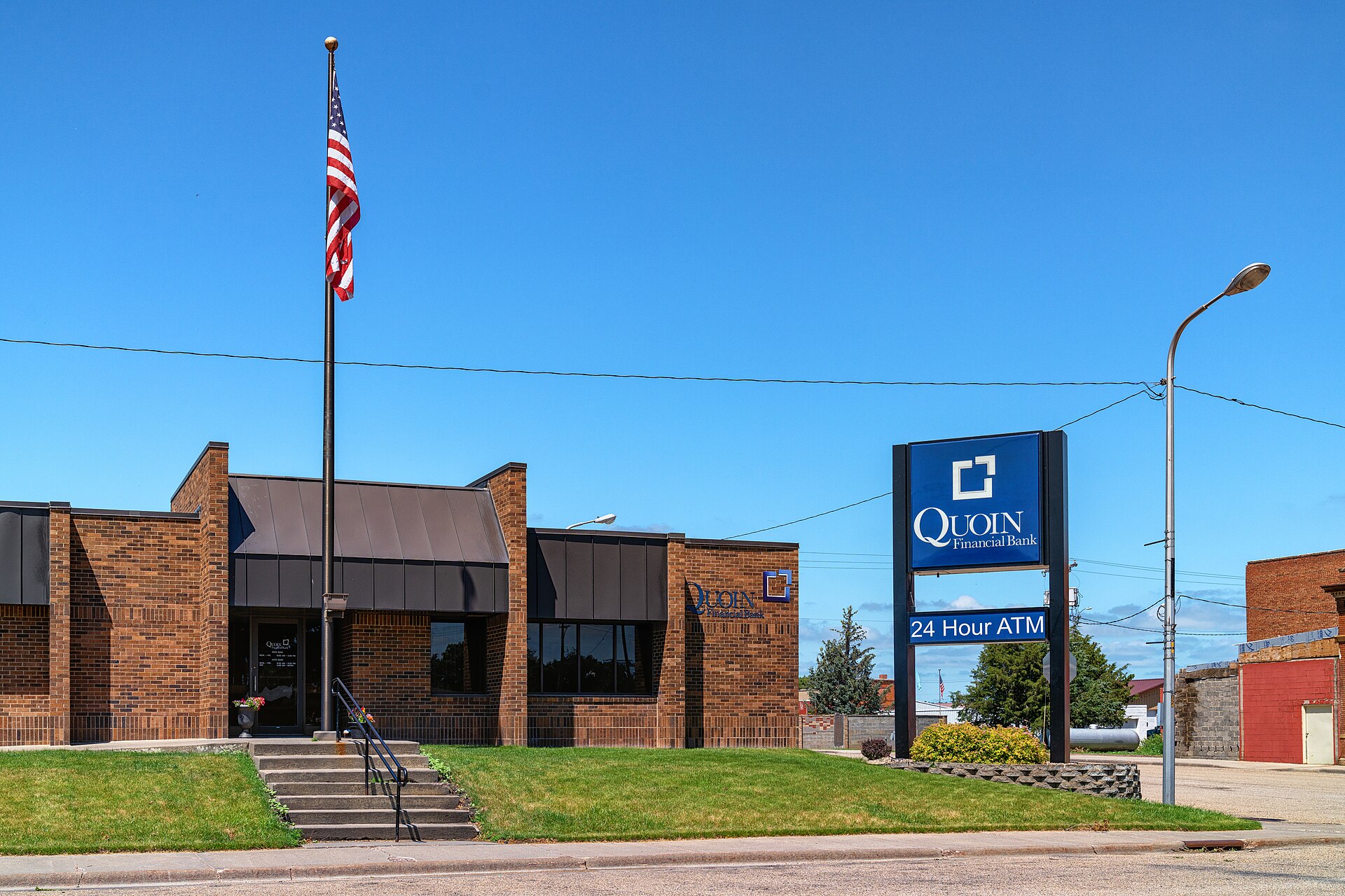 The facade of a small community bank
