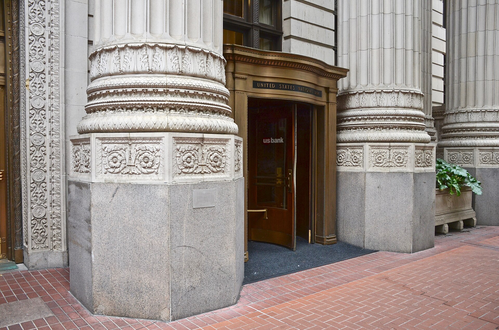 The entrance of a bank building