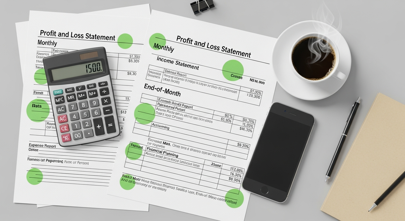 Overhead flat-lay of a printed monthly P&L statement with several margin lines circled in green, a calculator, a coffee cup, and a smartphone.