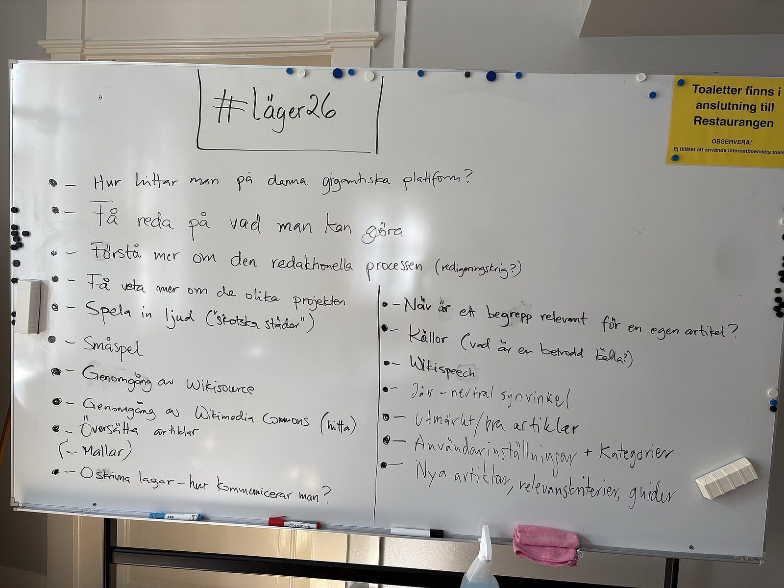 A whiteboard covered in a handwritten list of workshop topics