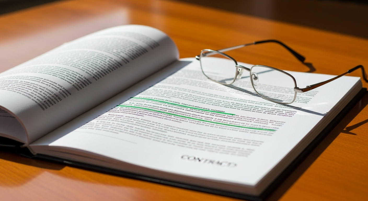 A stack of business contracts on a wooden desk, the top one open with several clauses underlined in green pen, reading glasses resting on the paper.