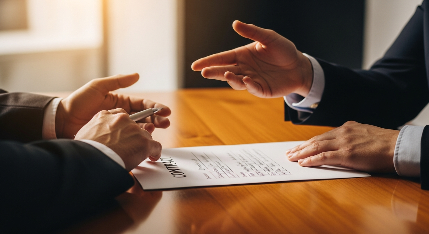 A close-up of two hands across a desk mid-conversation, a marked-up contract between them, mid-30s business casual.