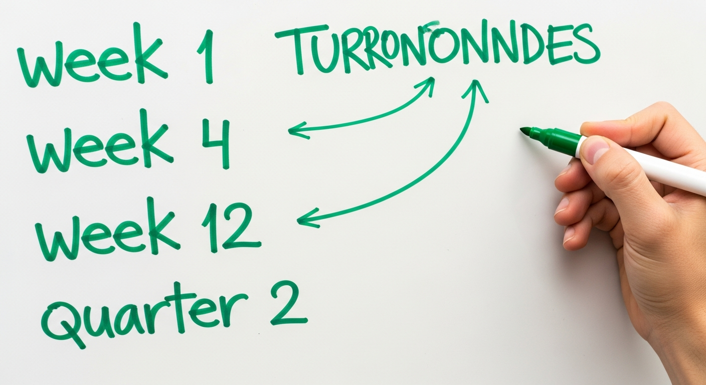A whiteboard covered with handwritten turnaround milestones in green marker — week 1, week 4, week 12, quarter 2 — with arrows connecting them.