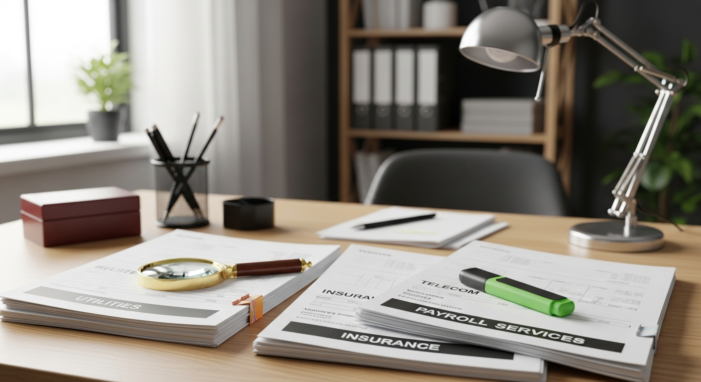 An organized desk with stacks of monthly invoices, a magnifying glass and a green highlighter on top, in soft natural light.