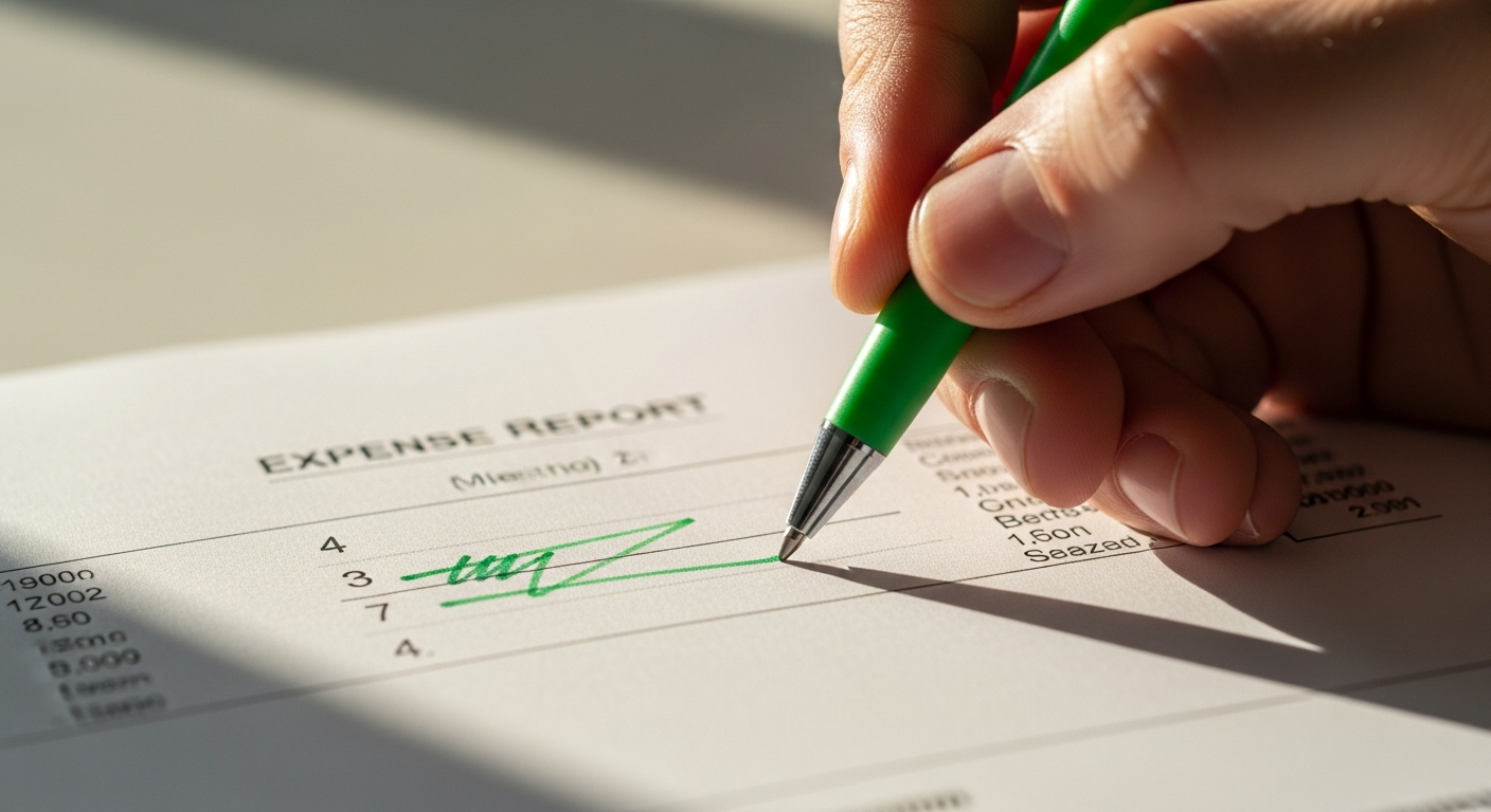 A close-up of a hand using a green pen to cross out a line item on a printed expense report, with three other lines already crossed out above it.