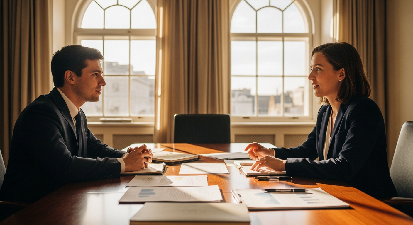 Two professionals across a wooden conference table mid-negotiation, paperwork between them, warm afternoon light through tall windows.