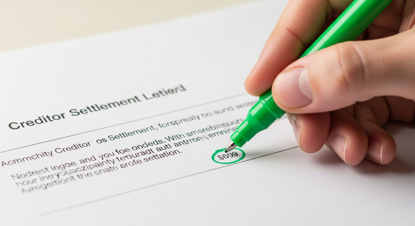 A hand holding a green felt-tip pen circling a single number on a creditor settlement letter on a clean desk.