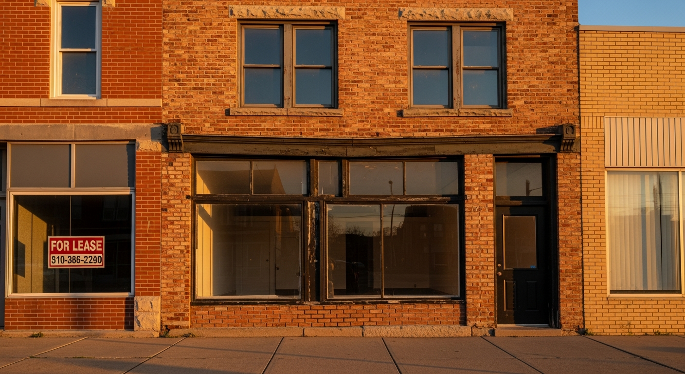 Exterior of a small American storefront business in late afternoon light with a For Lease sign in a neighbouring window.