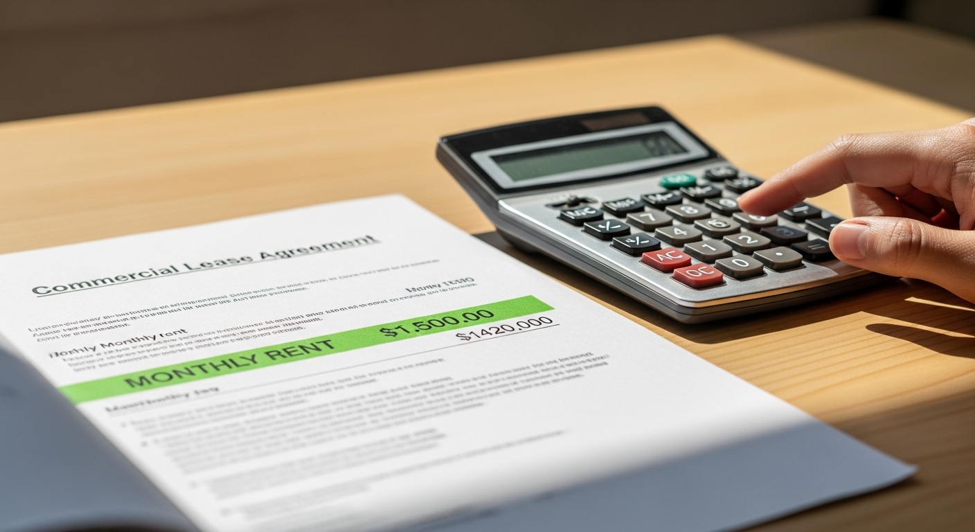 A commercial lease agreement on a desk with a calculator beside it and the monthly rent line highlighted in green, mid-calculation.